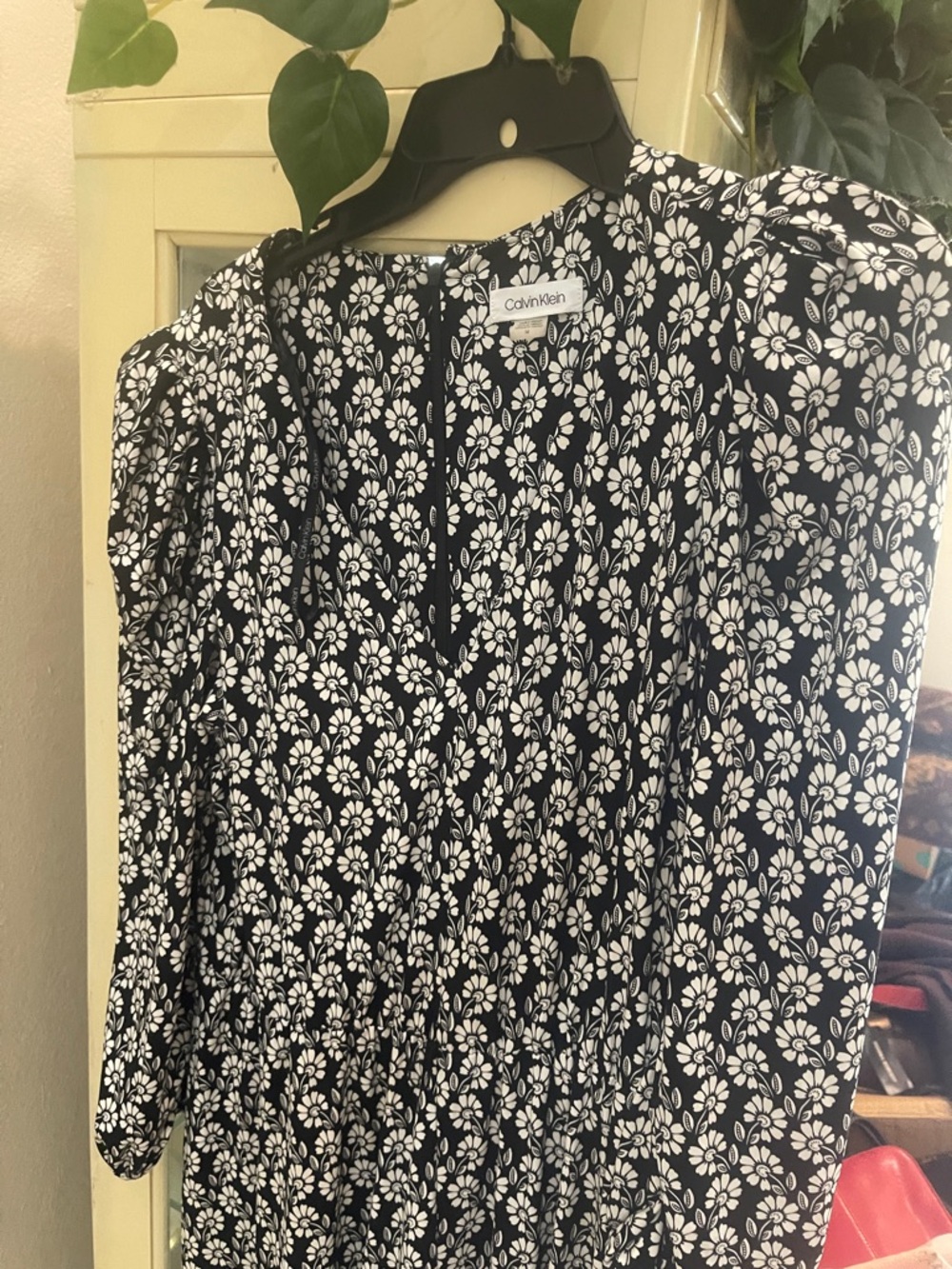 Calvin Klein Black and White Floral V-Neck Dress